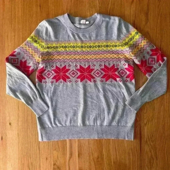 GAP Fair Isle Snowflake Gray Crewneck Sweater S Holiday Christmas 100% Cotton - Picture 1 of 7